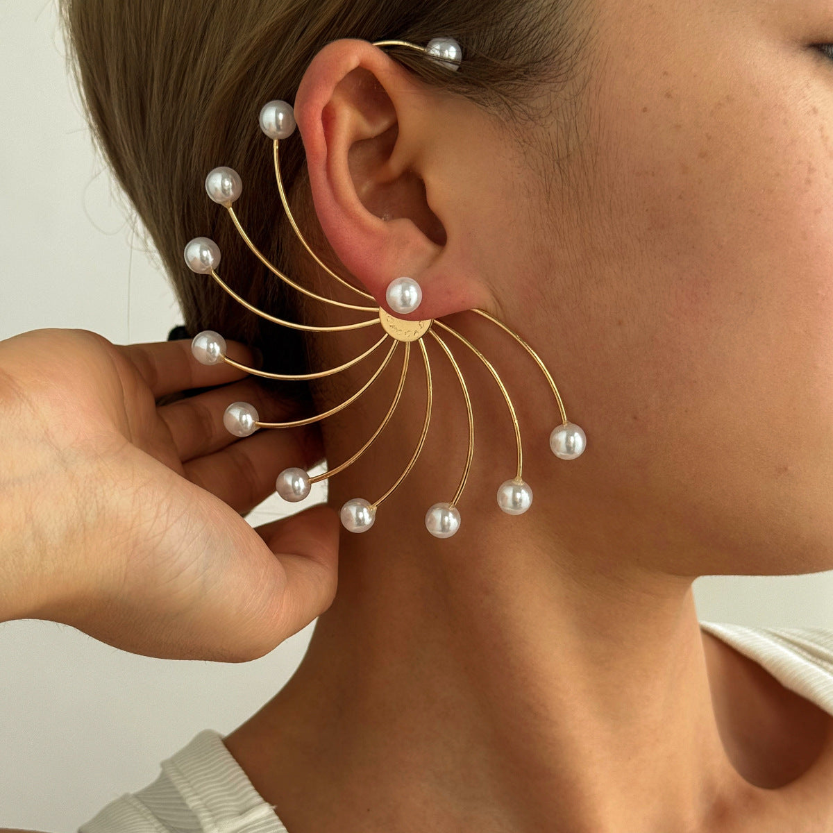 Designer Fan-Shaped Gold Plated Pearl Hoop Earrings For Women Bulk