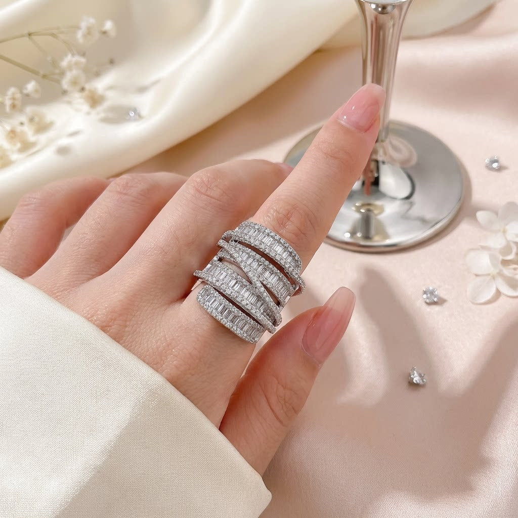 Multi Layer Baguette Silver CZ Copper Adjustable Cocktail Ring Bulk