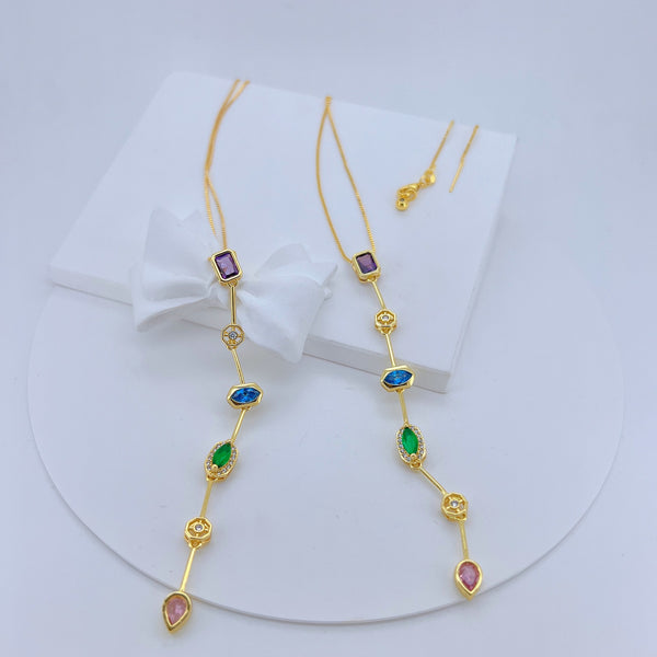 Multi Gemstone Solitaire CZ Gold Anti Tarnish Long Necklace Chain Bulk Secondary image