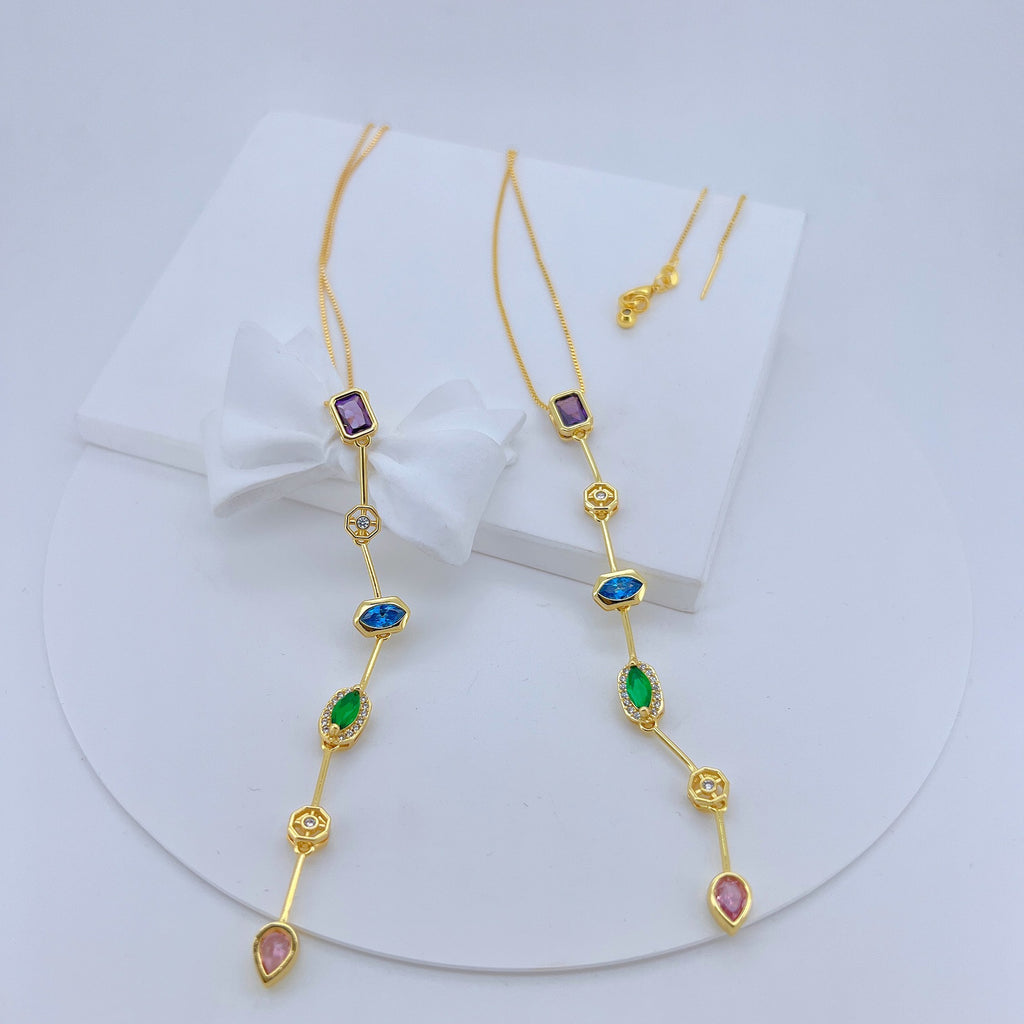 Multi Gemstone Solitaire CZ Gold Anti Tarnish Long Necklace Chain Bulk