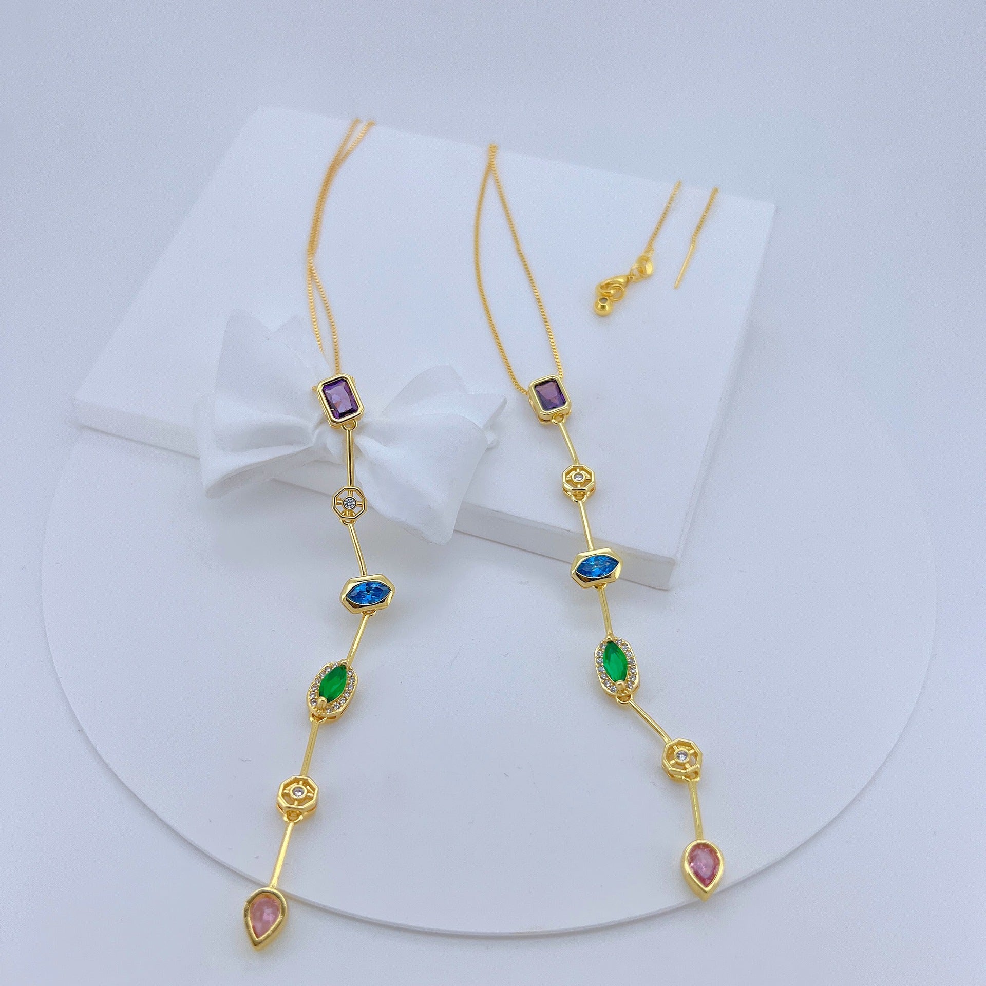 Multi Gemstone Solitaire CZ Gold Anti Tarnish Long Necklace Chain Bulk