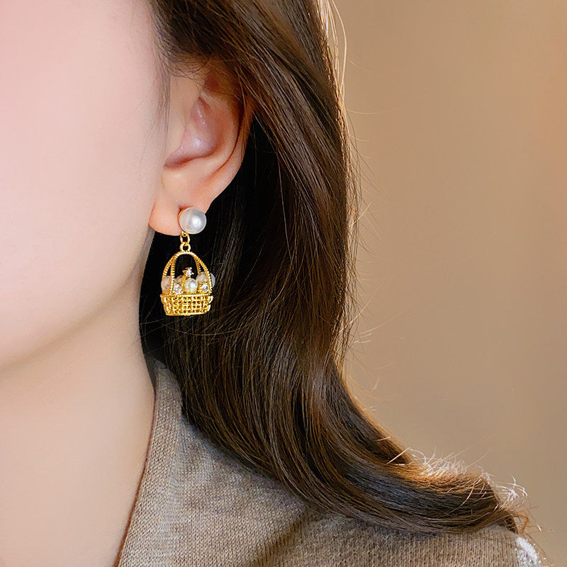 Gold  Basket Pearl  Anti Tarnish Copper Dangler Earrings For Women Bulk