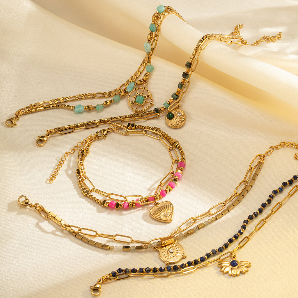 Heart 18K Gold Pink Beads Dual Layer Stainless Steel Anti Tarnish Link Chain Bracelet For Women