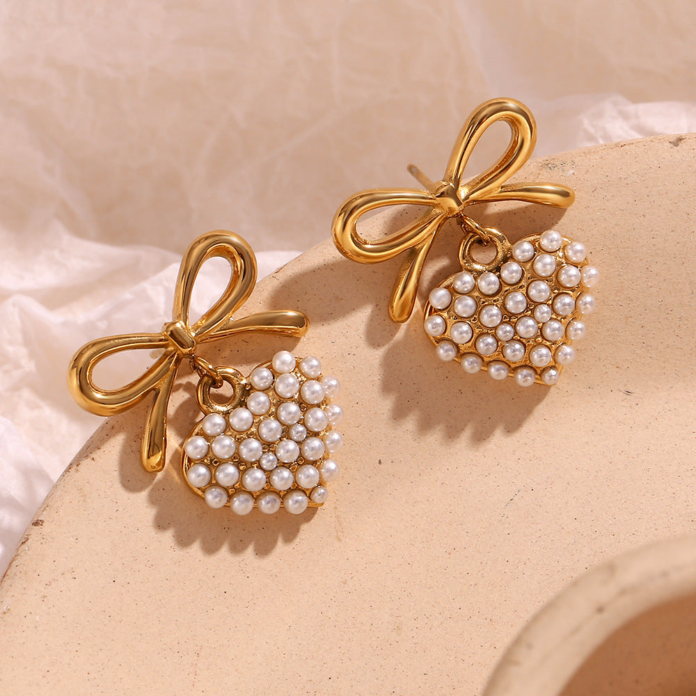 Bow Heart Pearl 18K Gold Anti Tarnish Stainless Steel Dangler Drop Earrings For Women