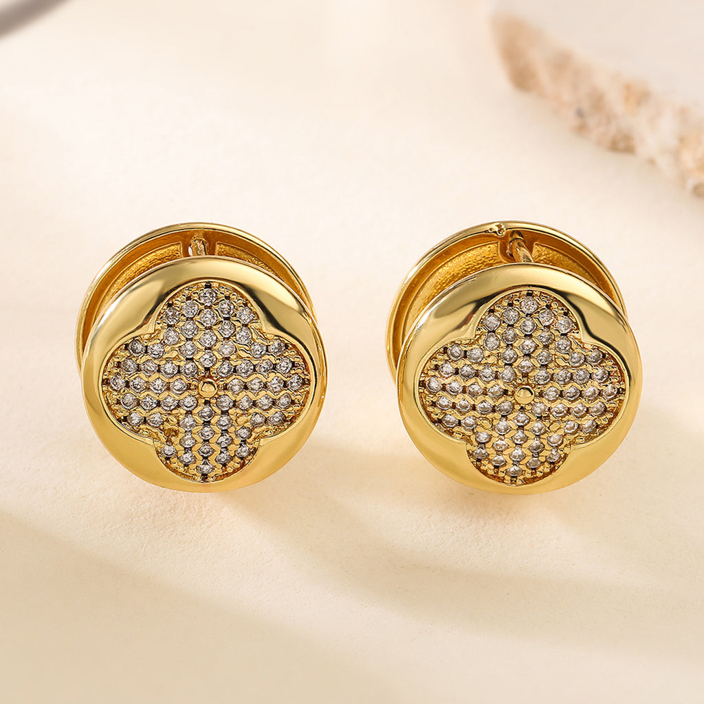 Gold Clover Cubic Zirconia Anti Tarnish Copper Stud Earrings Women Bulk