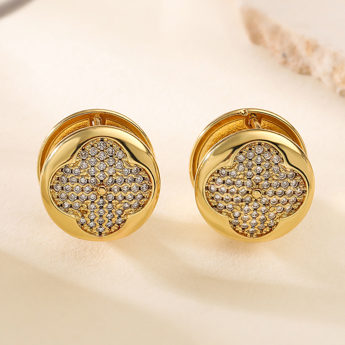 Gold Clover Cubic Zirconia Anti Tarnish Copper Stud Earrings Women Bulk