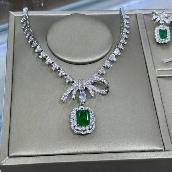 Bow Design Emerald Cut Green CZ Silver Copper Necklace Combo Set Bulk Secondary image