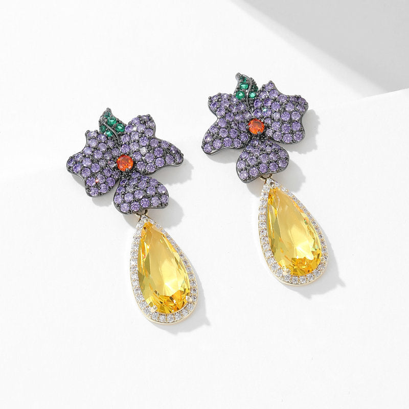 Floral Flower 18K Gold Plated Blue Yellow Pink Crystals Copper Drop Dangler Earrings For Women