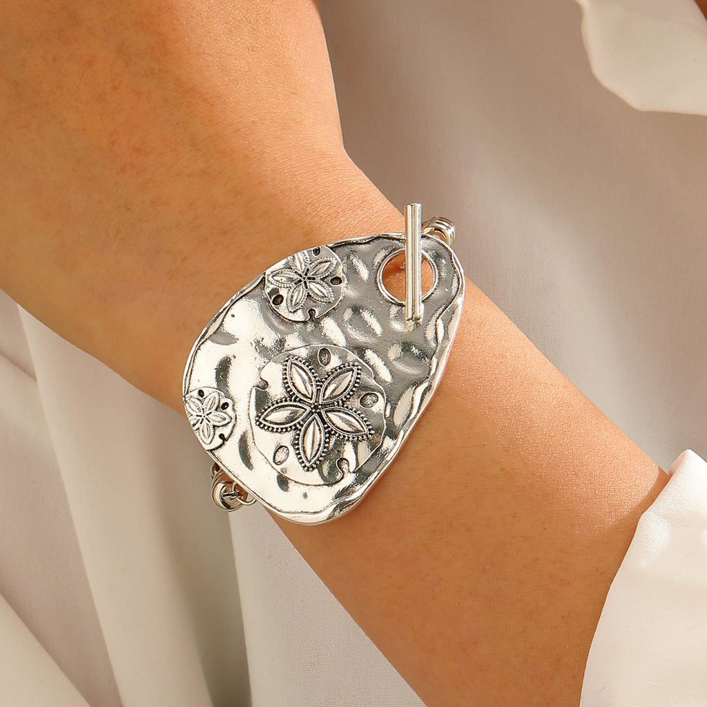 Designer Textured Oval Plate Sand Dollar Charm Silver Bracelet Bulk