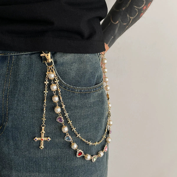 Multi Strand Gold CZ Faux Pearl Cross Charm Jean Wallet Chain Bulk Secondary image