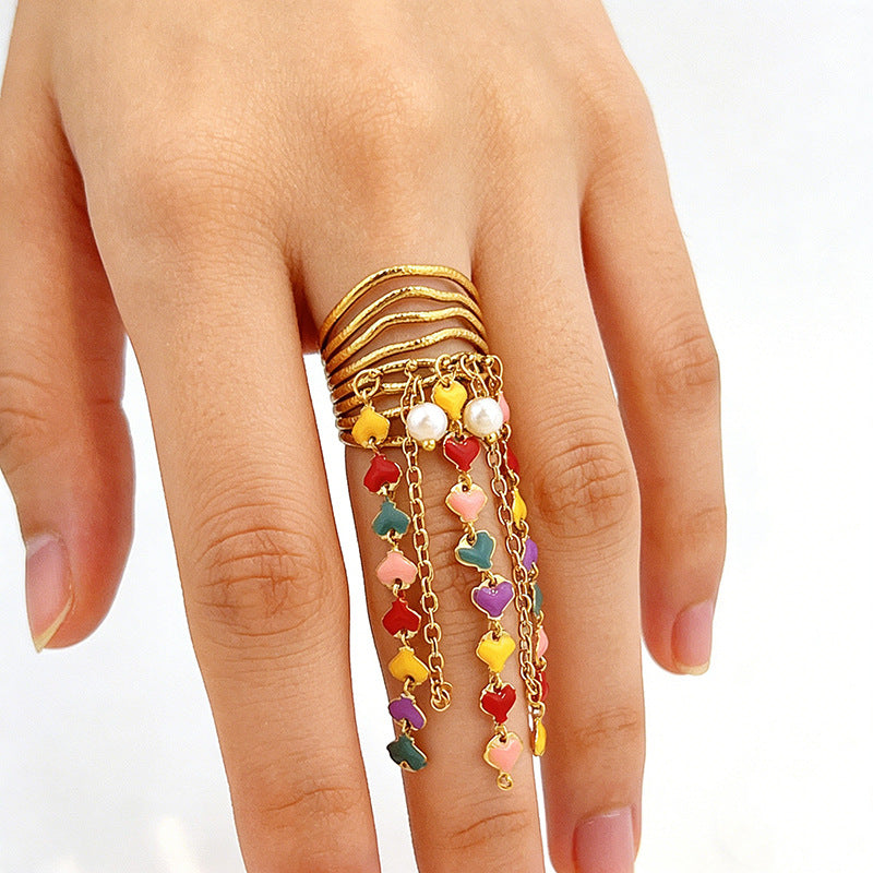 Multi Color Chain Tassel Statement Gold Copper Adjustable Ring Women Bulk