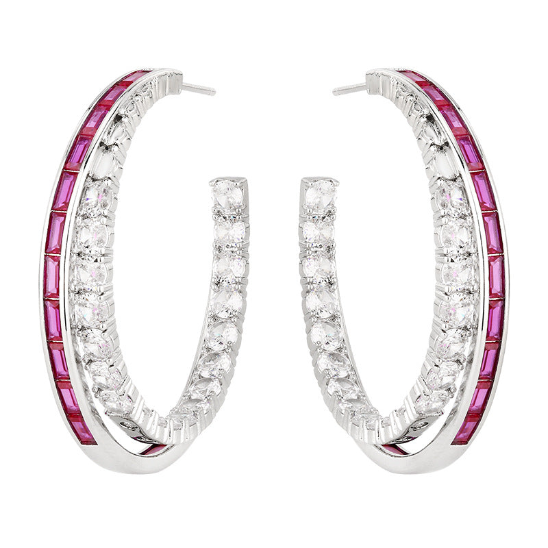 Baguette Blue Pink Silver CZ Anti Tarnish Hoop Earring Bulk