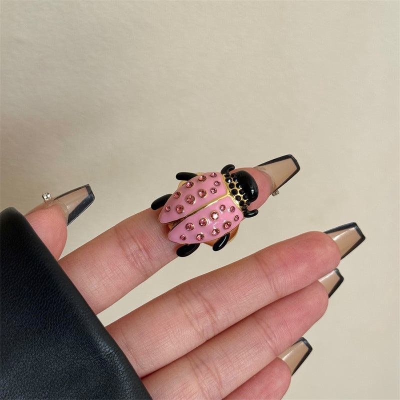 Beetle Black Pink Enamel Crystal Free Size Ring For Women Bulk