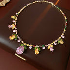 Drop Leaf Solitaire Crystal Pink Orange Anti Tarnish Necklace Earring Set For Women