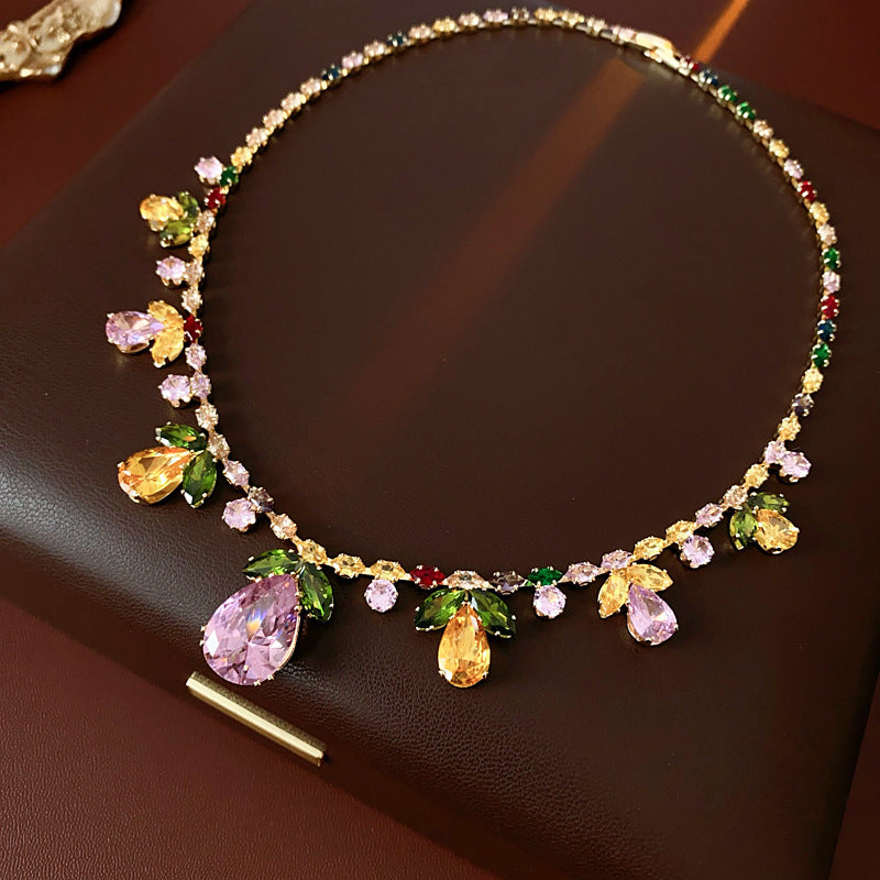 Drop Leaf Solitaire Crystal Pink Orange Anti Tarnish Necklace Earring Set For Women