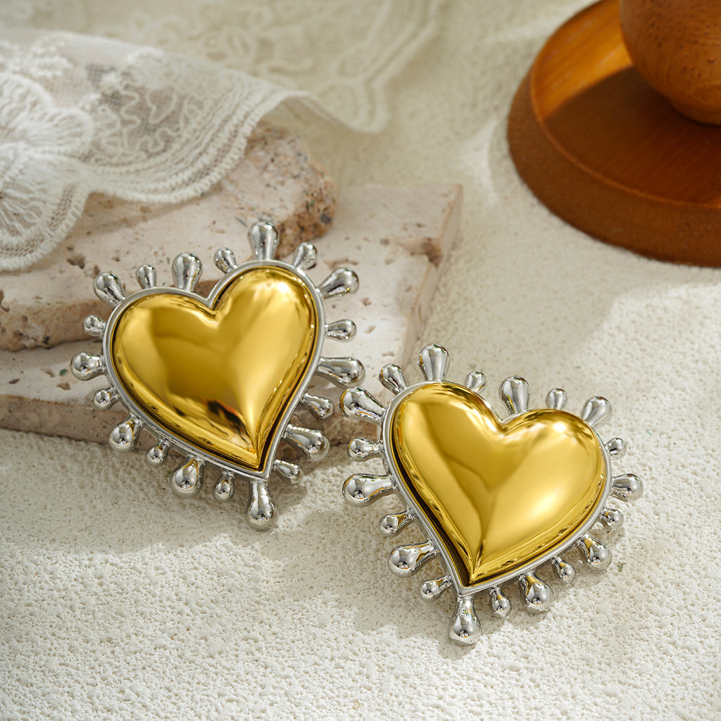 Heart Trendy Dual Tone Gold Silver Stainless Steel Stud Earrings Bulk