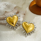 Heart Trendy Dual Tone Gold Silver Stainless Steel Stud Earrings Bulk