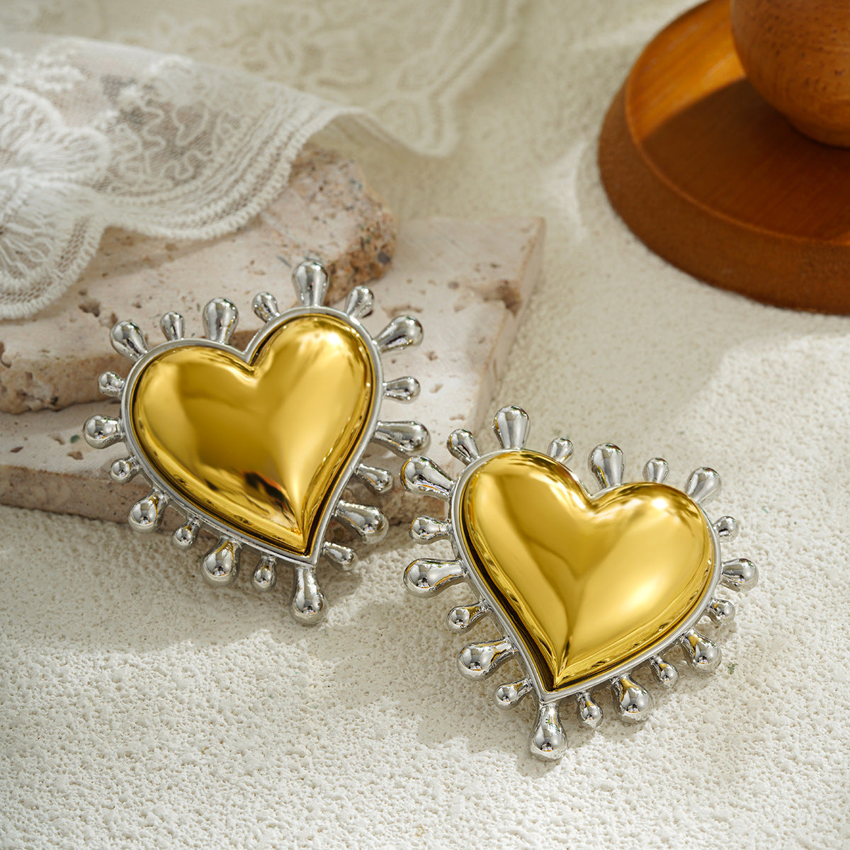 Heart Trendy Dual Tone Gold Silver Stainless Steel Stud Earrings Bulk