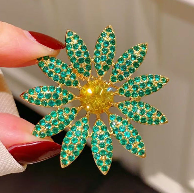 Green White Flower Gold Cubic Zirconia Copper Brooch Women Bulk