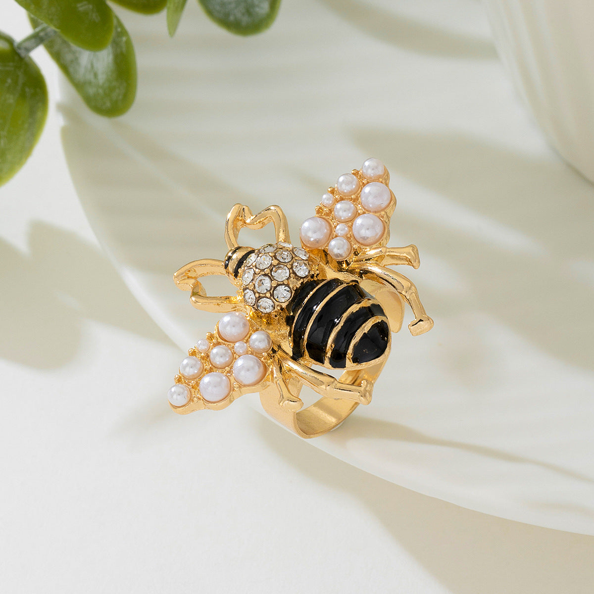 Insect Honeybee Pearl CZ Enamel Black 18K Gold Adjustable Ring Bulk