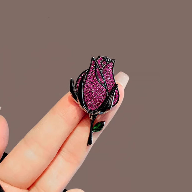 Pink Rose Black Cubic Zirconia Copper Anti Tarnish Brooch For Women Bulk