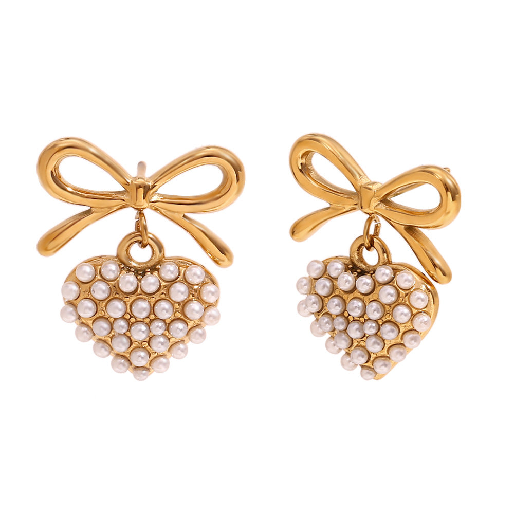 Bow Heart Pearl 18K Gold Anti Tarnish Stainless Steel Dangler Drop Earrings For Women