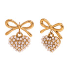 Bow Heart Pearl 18K Gold Anti Tarnish Stainless Steel Dangler Drop Earrings For Women