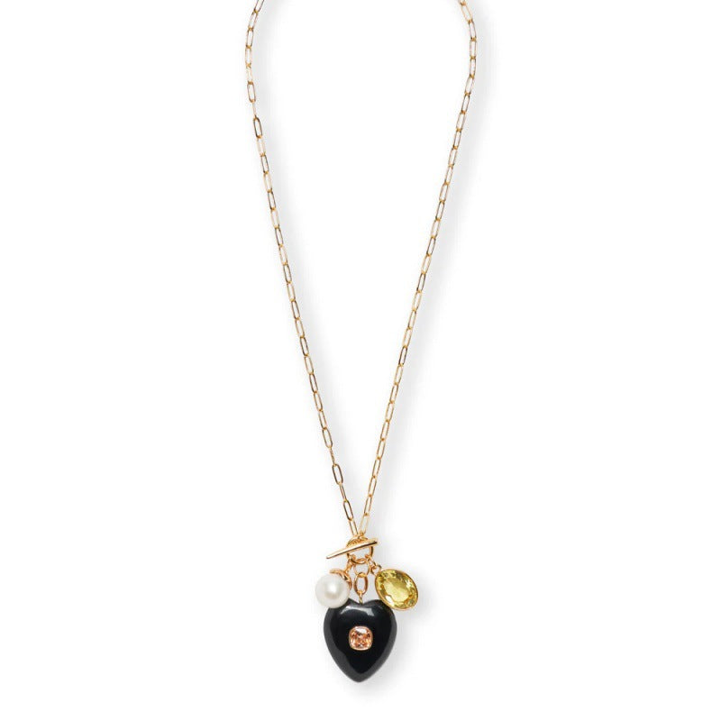 Heart 18K Gold Black Pearl CZ Anti Tarnish Necklace Pendant Chain Bulk Main image
