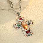 Jesus Cross Silver Brown Multi Gemstone Stainless Steel Anti Tarnish Pendant Chain Necklace For Women