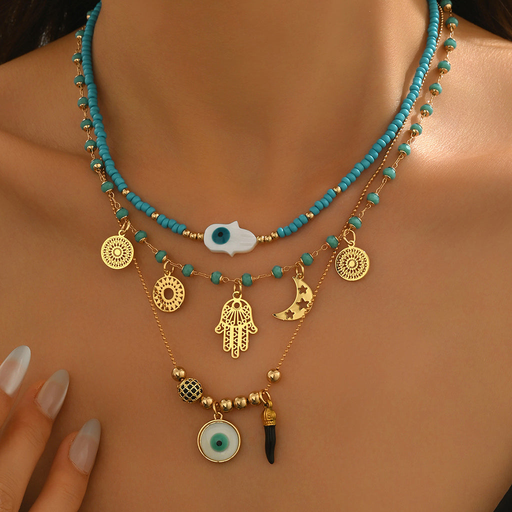 Multi Color Evil Eye Layered Hamsa Charm Gold Beads Necklace Women Bulk