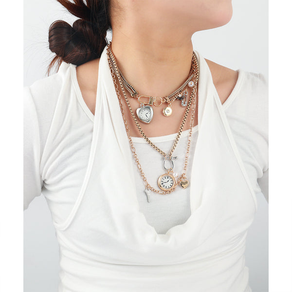 Multi-Layered Vintage Watch & Heart Charm Gold Silver Necklace Bulk Main image