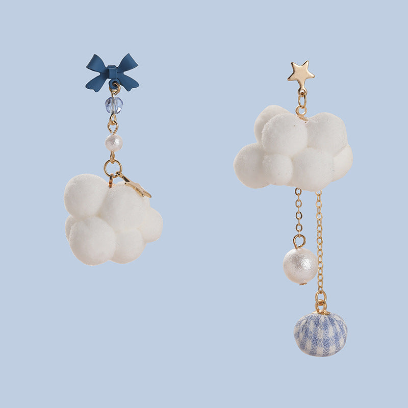 Cloud Star Bow Silver White Blue Anti Tarnish Dangler Tassel Earring For Women