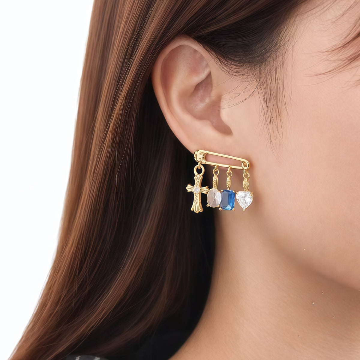 Pink Blue Safety Pin Cross Charm Gold Copper Drop Earrings For Women Bulk