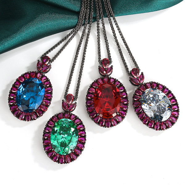 Antique Style Oval Black CZ Anti Tarnish Copper Pendant Chain Wholesale Main image