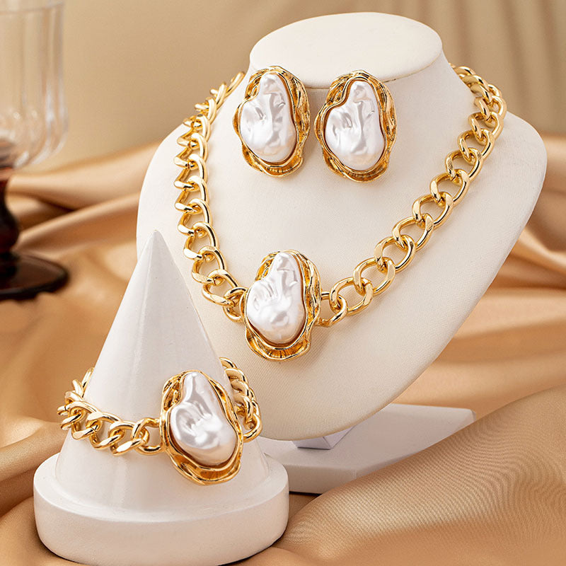 White Designer Baroque Chunky Chain Gold Pearl Necklace Combo Set Bulk Secondary image