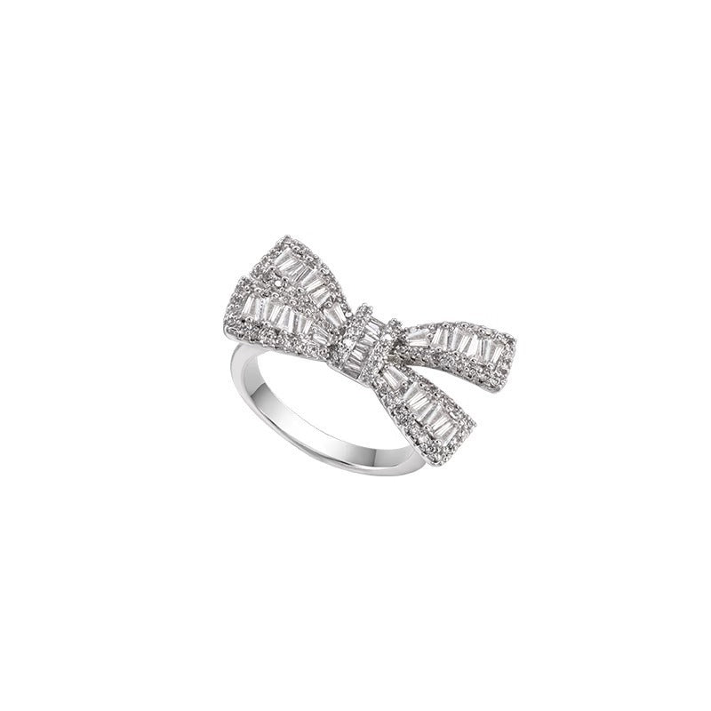 Bow Baguette Cubic Zirconia Silver Anti Tarnish Adjustable Ring Bulk
