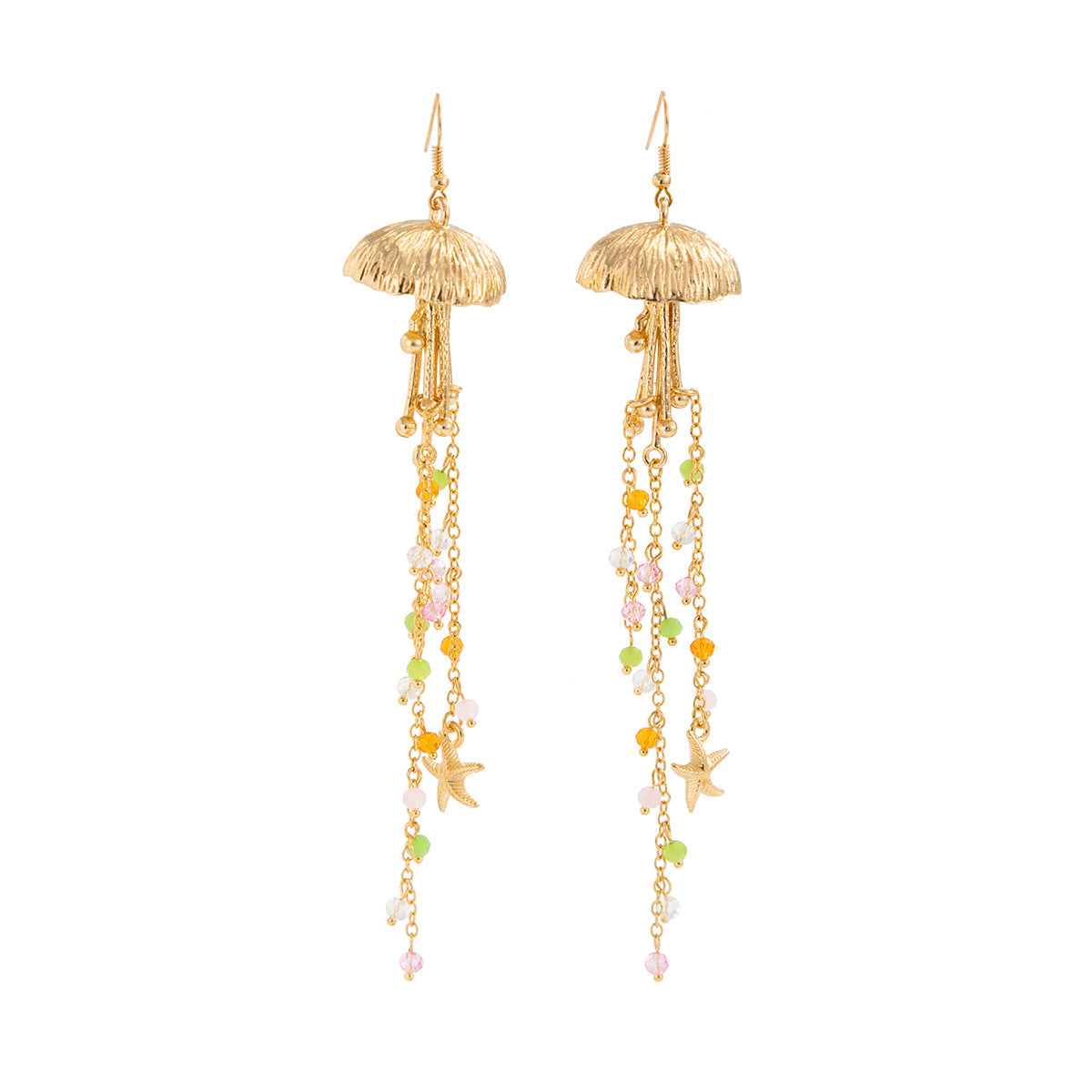 Star Fish Bohemian Beads Crystal 18K Gold Jhumki Dangler Tassel Earring For Women