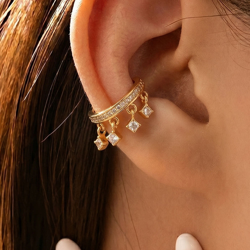 Gold Silver Dangling Square Cubic Zirconia Copper Ear Cuff Earrings Bulk