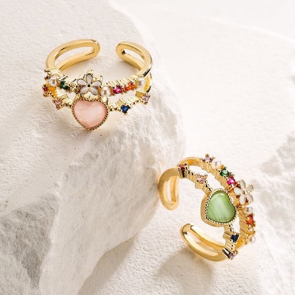 Bulk Green Pink White Heart Flower Gold CZ Adjustable Fancy Ring Main image