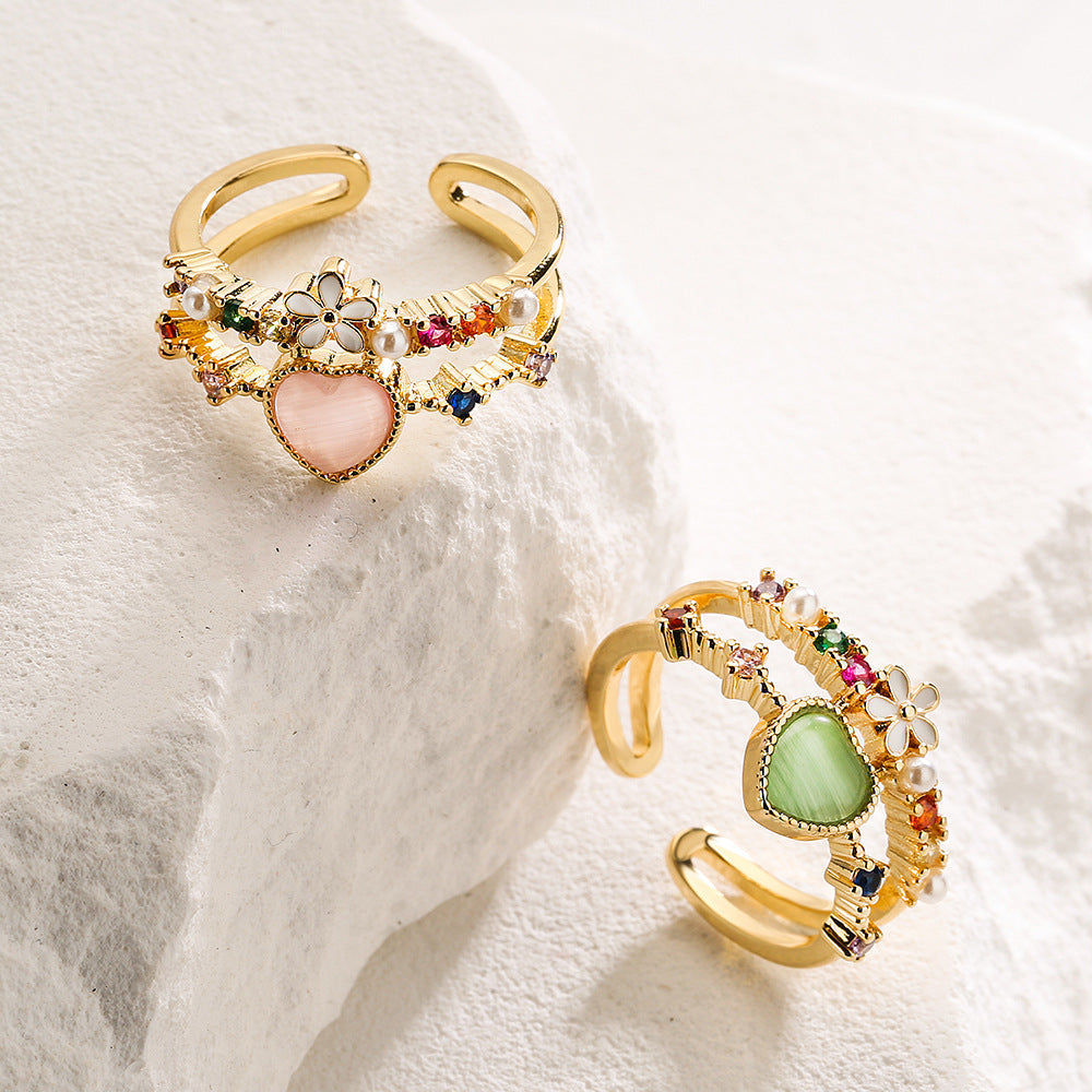 Bulk Green Pink White Heart Flower Gold CZ Adjustable Fancy Ring