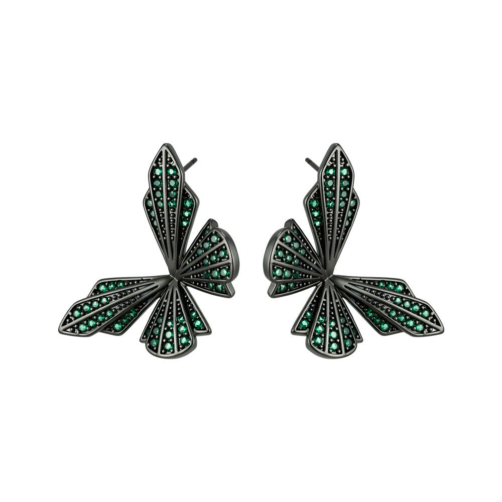 Modern Geometric Butterfly Wings Black Green CZ Copper Stud Earrings Bulk
