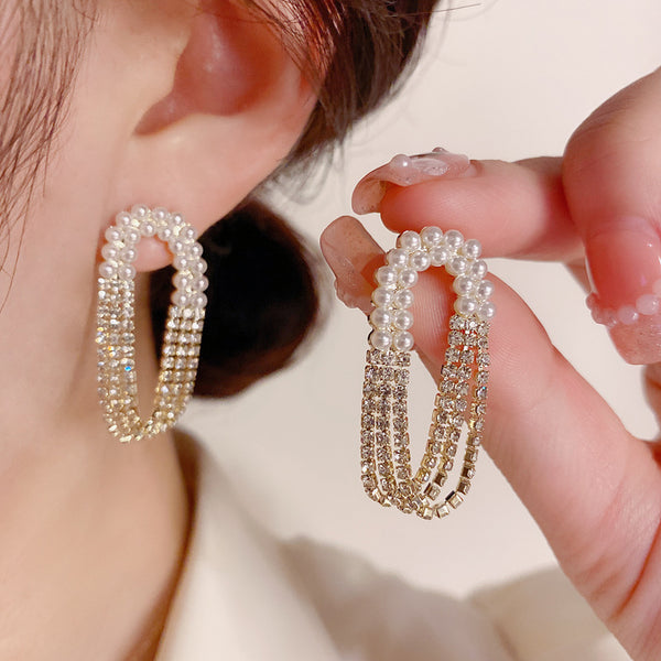 Rhinestone Pearl Layer Gold Anti Tarnish Dangler Tassel Earring Bulk Main image