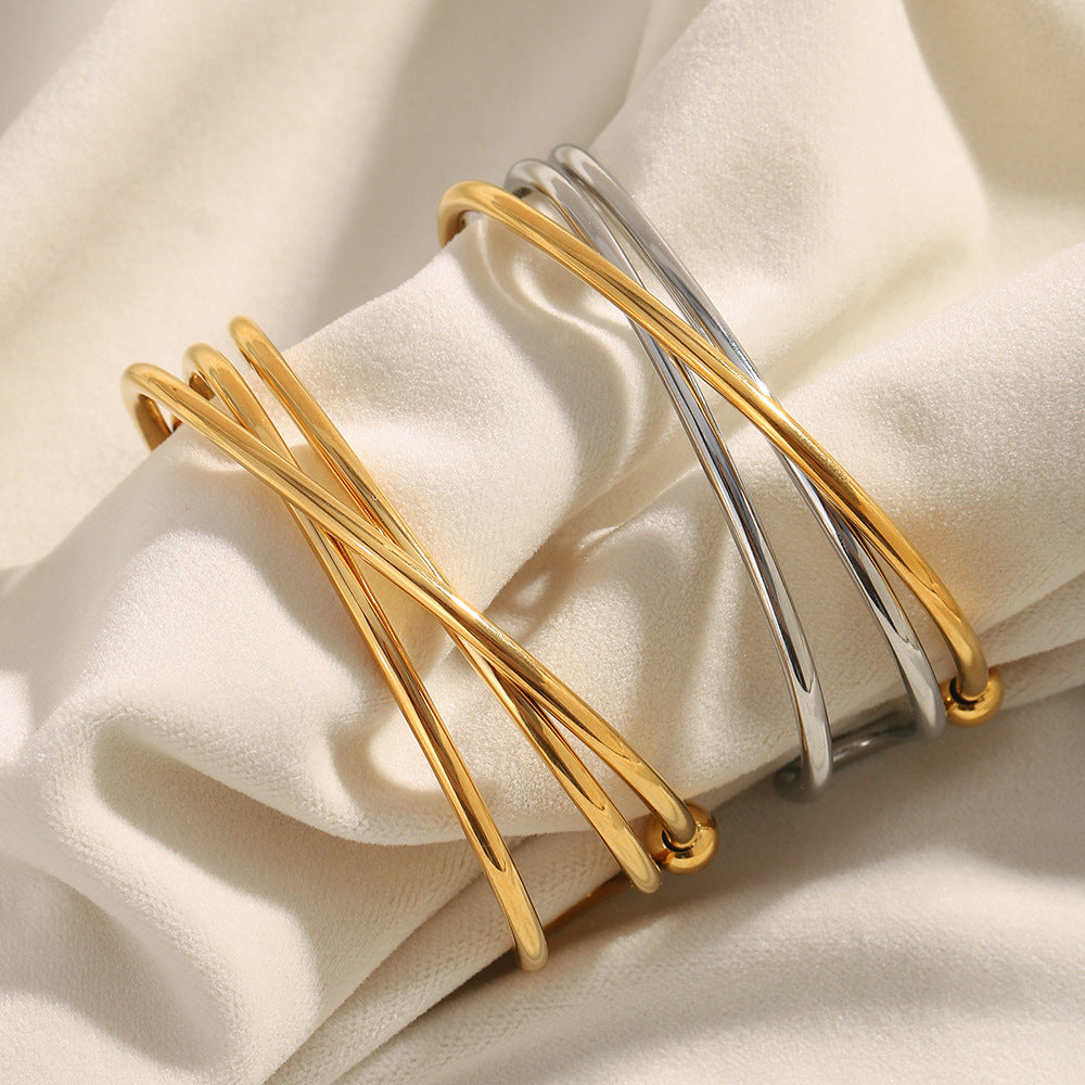 Dual Cross 18K Gold Stainless Steel Anti Tarnish Silver Openable Cuff Kada For Women Main image