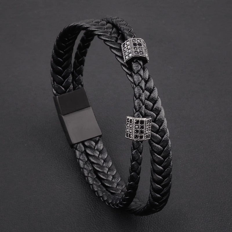 Hexagon Ring Dual Layer Black Rope Learther Stainless Steel Bracelet For Men Main image