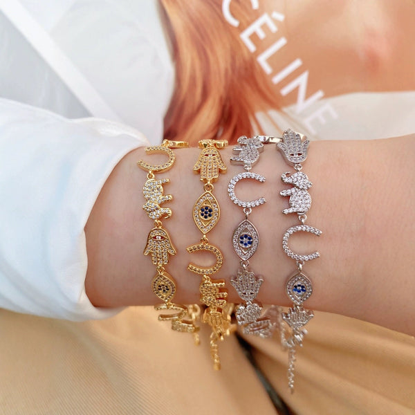 Bulk Evil Eye & Hand Charm Gold Silver CZ Anti Tarnish Copper Bracelet Main image