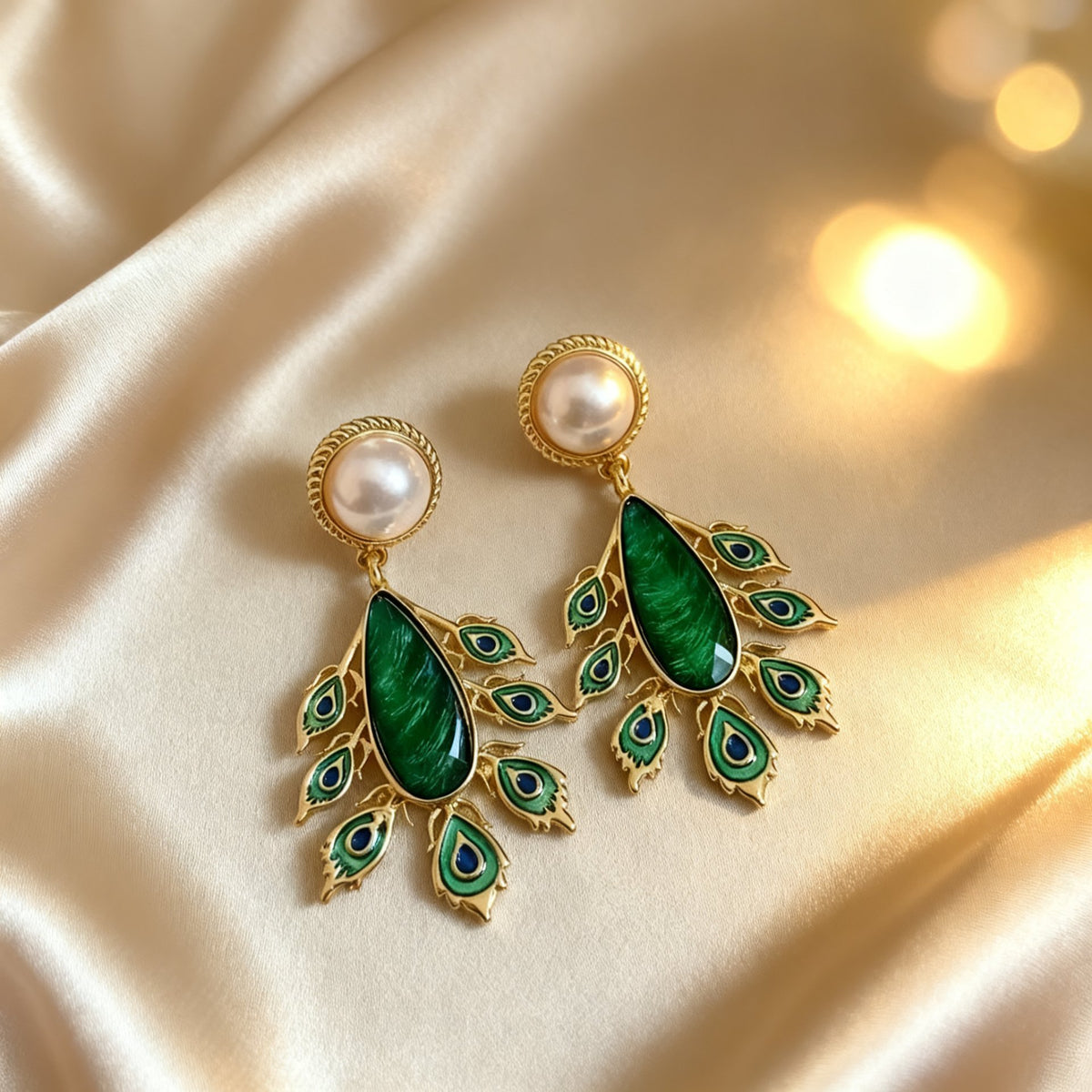 Designer Peacock Gold Blue & Green Enamel Pearl Dangler Earrings Bulk