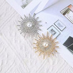 Designer Sunburst Gold Silver Plated CZ Pearl Alloy Brooch Wholesale