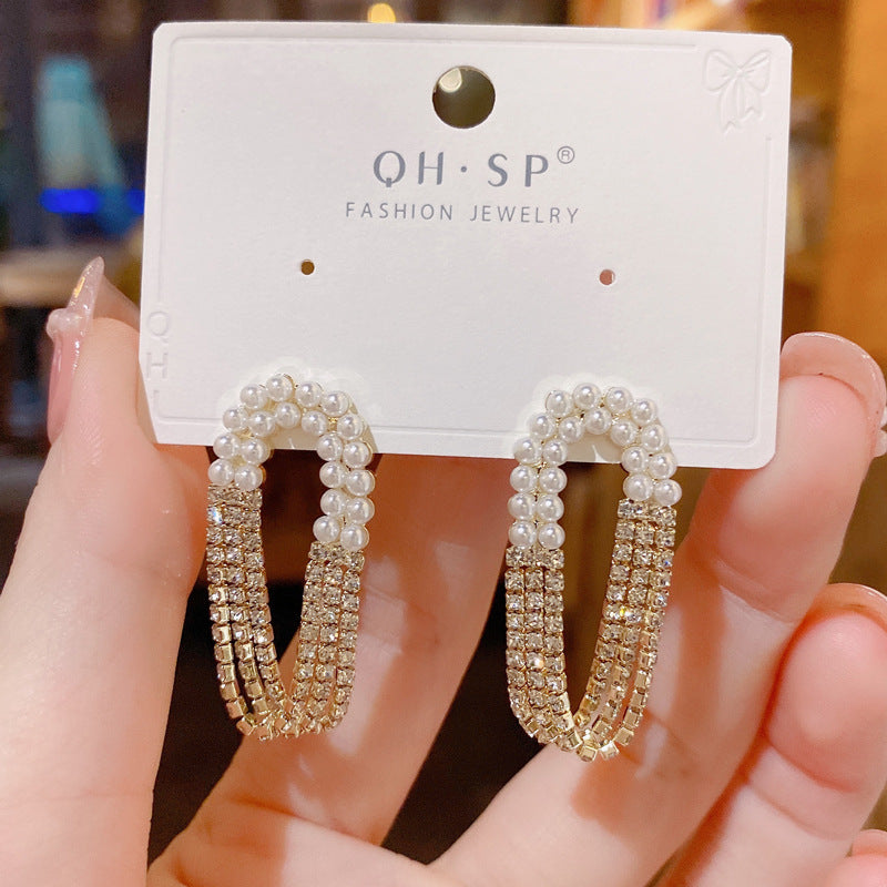 Rhinestone Pearl Layer Gold Anti Tarnish Dangler Tassel Earring Bulk