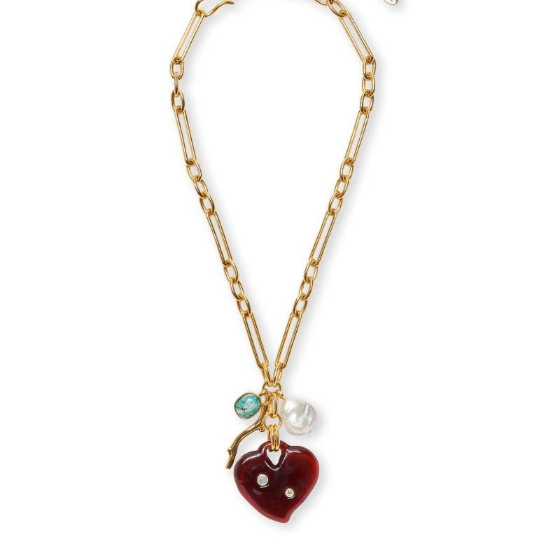 Heart Gold Maroon Pearl CZ Anti Tarnish Necklace Pendant Chain Bulk