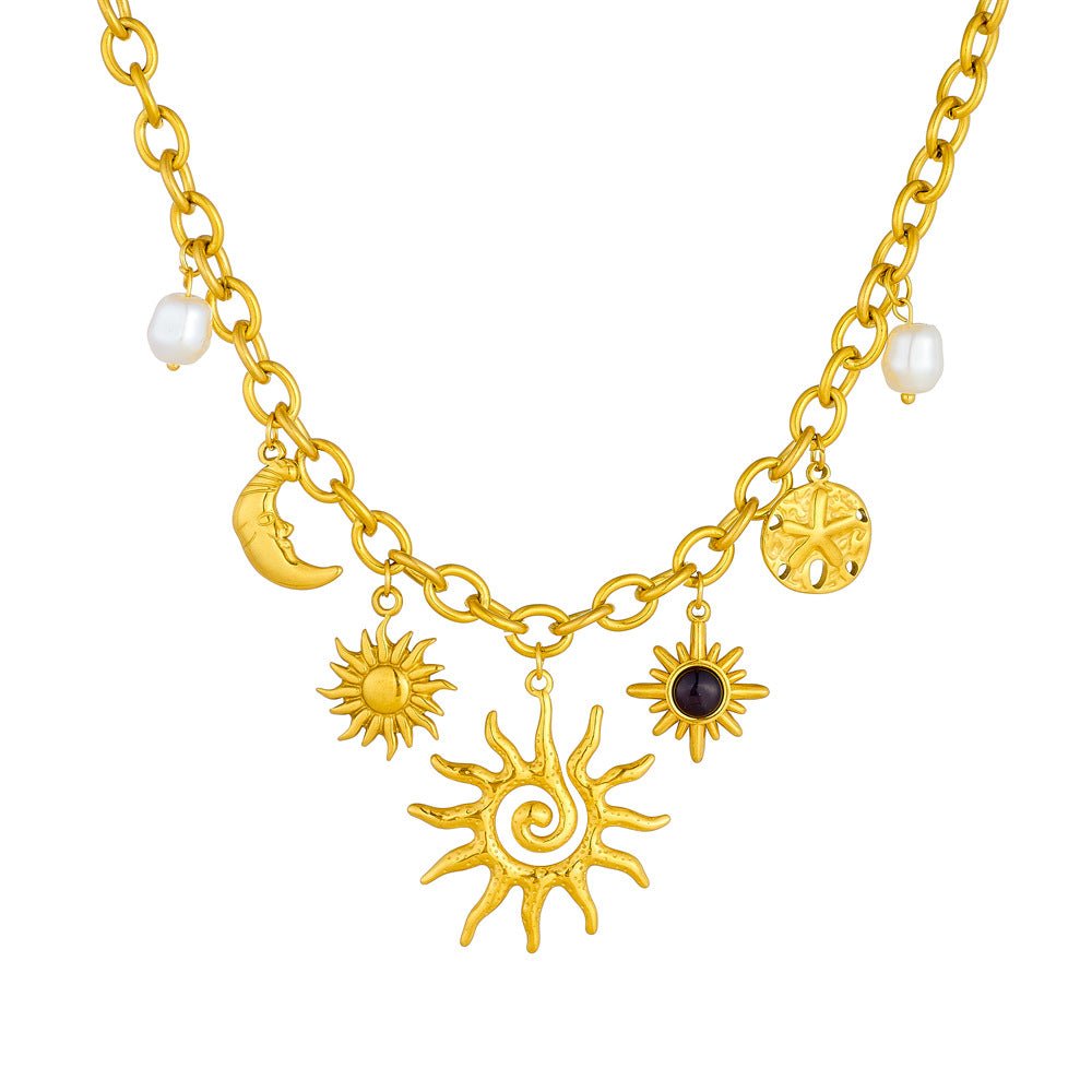 Celestial Sun Moon Pearl Gold Plated Charm Stainless Steel Necklace Bulk